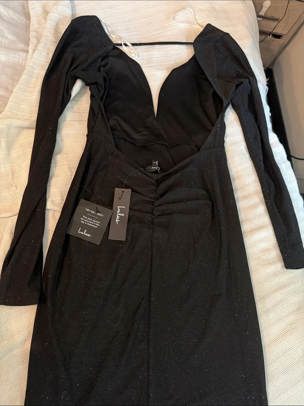 Lulu's Black Long-Sleeve Sparkle V-Neck Dress
